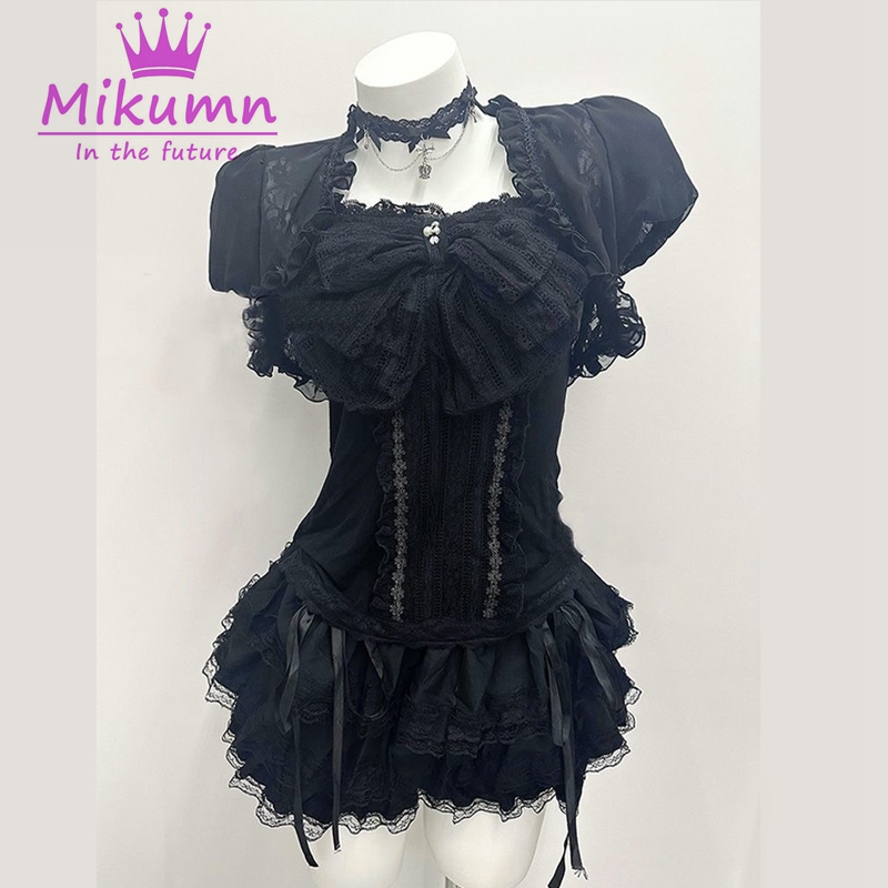 Lace Trim Cami - Mikumn Gotycki Lolita Czarny Koronkowy 3-częściowy
