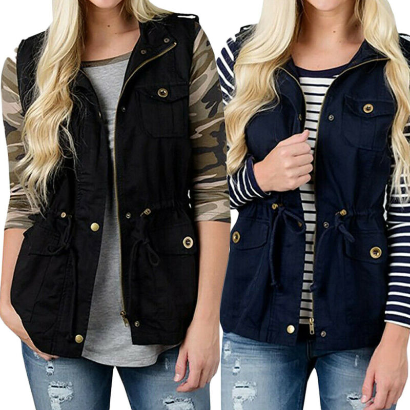Women'S Fashion Utility Vest - Moda damska kamizelka oliwkowa Cargo Utility