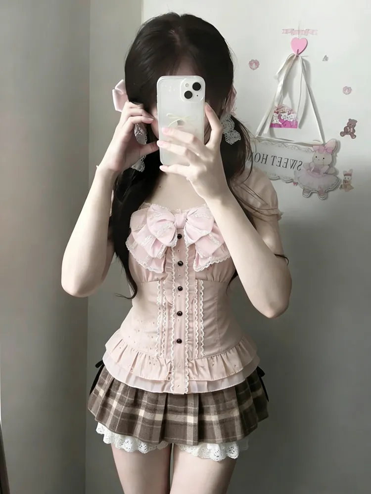 Lace Trim Cami - Japoński Słodki Trzyczęściowy Zestaw Damski: Koronkowa